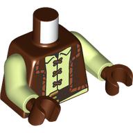 Lego Torso, Reddish Brown Jacket, Dark Orange Trim, Yellowish Green Shirt, Laces, Black Belt print, Yellowish Green Arms, Reddish Brown Hands / Reddish Brown