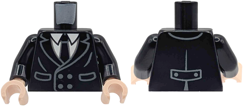 Lego Torso Coat with Dark Bluish Gray Buttons, Pockets and Creases over White Shirt with Tie Pattern / Black Arms / Light Nougat Hands