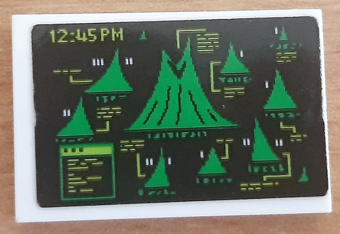 Lego Tile 2 x 3 with Black Screen with Bright Green Volcanoes, Lime '12:45PM' and Lines Pattern (Sticker) - Set 70631