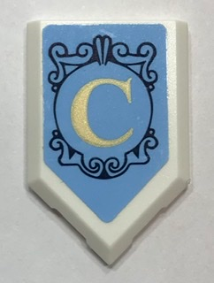 Lego Tile, Modified 2 x 3 Pentagonal with Pearl Gold Letter C and Dark Blue Emblem Pattern (Sticker) - Set 41154 / White