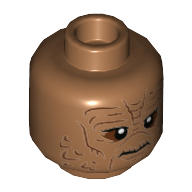 Lego Minifig Head Weequay Guard, Reddish Brown Around Eyes, Cheek Lines, and Wrinkles, Three Braided Ponytails Print / Medium Nougat