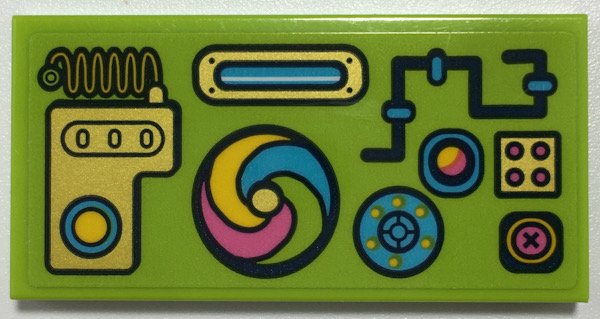 Lego Tile 2 x 4 with Control Panel with Dark Pink, Gold, Medium Azure, and Yellow Buttons and Dials Pattern (Sticker) - Set 41252 / Lime