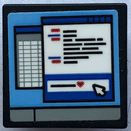 Lego Road Sign 2 x 2 Square with Open O Clip with Computer Screen, Black Lines of Text, Red Heart, Spreadsheet and Mouse Cursor Pattern (Sticker) - Set 21336