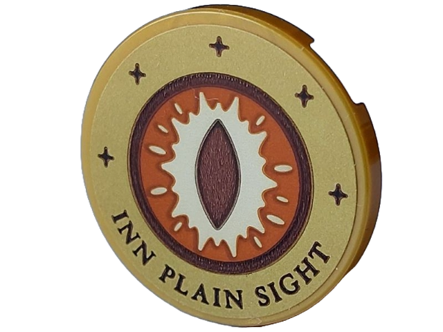 Lego Tile, Round 3 x 3 with Sign with Reddish Brown, White, and Dark Orange Eye with Slit Pupil, Dark Brown Sparkles and 'INN PLAIN SIGHT' Pattern (Sticker) - Set 21348 / Pearl Gold