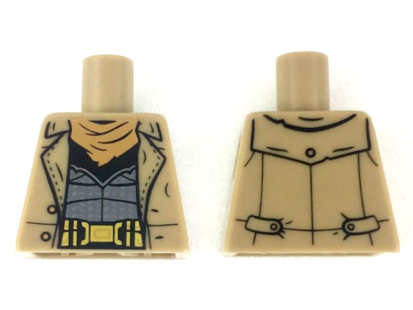 Lego Torso Trench Coat Open with Buttons over Dark Bluish Gray Armor Suit, Gold Utility Belt, Nougat Bandana Pattern / Dark Tan