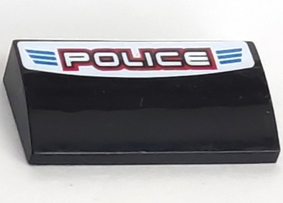 Lego Slope, Curved 2 x 4 x 2/3 with Bottom Tubes with Blue Lines and 'POLICE' with Red Outline on White Background Pattern (Sticker) - Set 8301 / Black