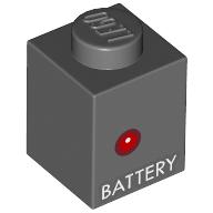 Lego Brick 1 x 1 with 'BATTERY', Red Dot print / Dark Bluish Gray