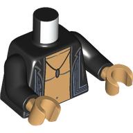 Lego Torso, Open Jacket, Bare Warm Tan Chest, Pendant Print, Black Arms, Warm Tan Hands