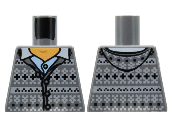 Lego Torso Fair Isle Cardigan Sweater with Hood, Open Collar Pattern / Dark Bluish Gray