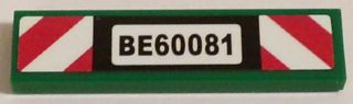 Lego Tile 1 x 4 with 'BE60081' and Red and White Danger Stripes Pattern (Sticker) - Set 60081