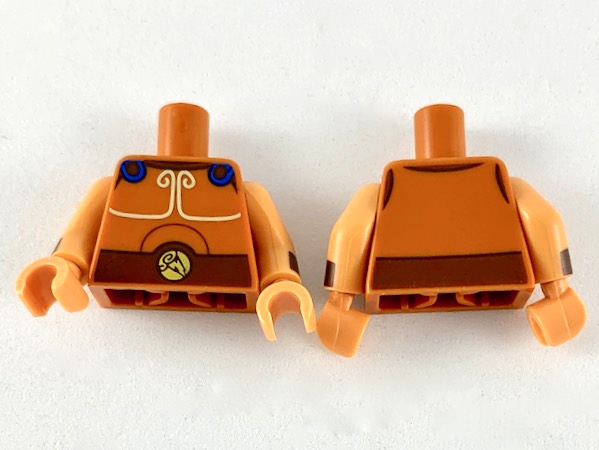 Lego Torso Greek Armor, Blue Clasps, White Trim and Reddish Brown Belt Pattern / Nougat Arms with Dark Brown Cuff Pattern / Nougat Hands