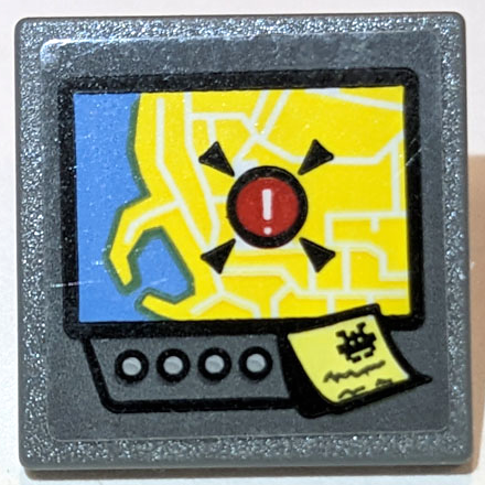 Lego Road Sign 2 x 2 Square with Open O Clip with Screen with Yellow and Medium Blue Map Showing Incident, Note with Alien Pattern (Sticker) - Set 60231