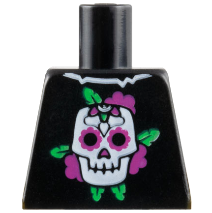 Lego Torso Shirt with Torn Collar, White Skull, Dark Pink Flowers, and Bright Green Leaves Pattern / Black