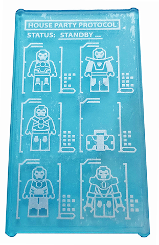 Lego Glass for Window 1 x 4 x 6 with Iron Man Armors 'HOUSE PARTY PROTOCOL STATUS: STANDBY...' Pattern (Sticker) - Set 76125