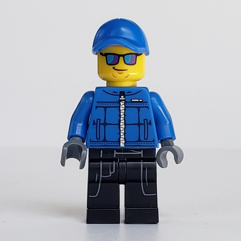Lego Policeman, Blue Jacket with Zipper, Blue Cap, Blue and Purple Sunglasses