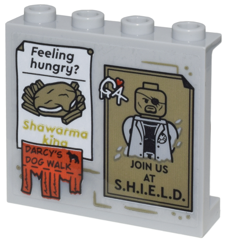 Lego Panel 1 x 4 x 3 with Side Supports - Hollow Studs with Posters 'Feeling Hungry?' 'Shawarma king', 'DARCY'S DOG WALK' and Nick Fury 'JOIN US AT S.H.I.E.L.D.' Pattern (Sticker) - Set 76218 / Light Bluish Gray