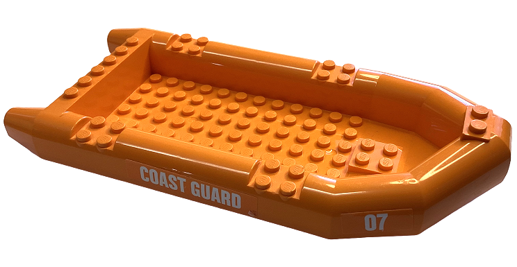 Lego Boat, Rubber Raft, Large with White '07' and 'COAST GUARD' Pattern on Both Sides (Stickers) - Set 60168 / Orange