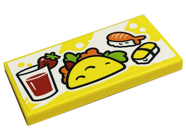 Lego Tile 2 x 4 with Sushi, Taco and Glass of Strawberry Juice Pattern (Sticker) - Set 41701 / Yellow