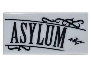 Lego Tile 2 x 4 with Black Scrollwork and 'ASYLUM' Pattern (Sticker) - Set 10937 / Light Bluish Gray