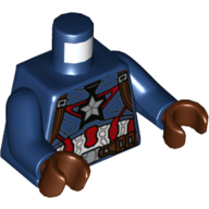 Lego Torso Bodysuit, Red and White Panels, White Star, Reddish Brown Belt and Straps Print, Dark Blue Arms, Reddish Brown Hands / Dark Blue