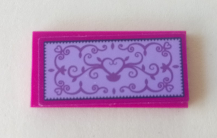 Lego Tile 2 x 4 with Swirls and Hearts on Lavender Background Pattern (Sticker) - Set 41314 / Magenta