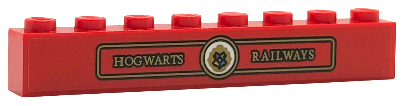 Lego Brick 1 x 8 with Gold 'HOGWARTS RAILWAYS', Border and Hogwarts Crest / Logo in White Circle Pattern (Sticker) - Set 76450