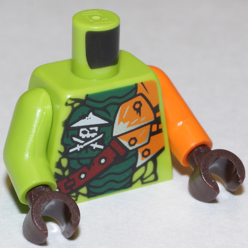 Lego Torso, Odd Arms, Scales and Shoulder Armor, Dark Green Belly and Crossed Swords Print, Left Orange Arm, Right Lime Arm, Dark Brown Hands / Lime