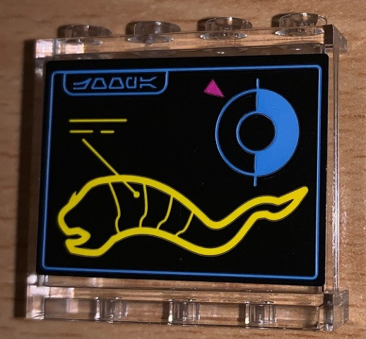 Lego Panel 1 x 4 x 3 with Side Supports - Hollow Studs with SW Screen, Aurebesh Characters 'JOOPA' and Yellow Worm Pattern (Sticker) - Set 75157 / Trans-Clear