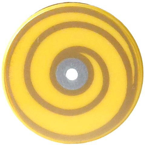 Lego Tile, Round 2 x 2 with Bottom Stud Holder with Gold Spiral Swirl and Silver Circle with White Center Pattern / Yellow