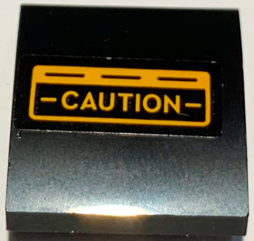 Lego Slope, Curved 2 x 2 x 2/3 with Bright Light Orange '- CAUTION -' Pattern (Sticker) – Set 10304 / Black