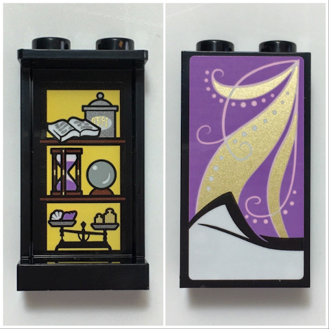 Lego Panel 1 x 2 x 3 with Side Supports - Hollow Studs with Medium Lavender Blanket with Gold Highlights on Outside and Shelves with Book, Jar, Hourglass, Crystal Ball, and Scales on Inside Pattern (Stickers) - Set 41196 / Black