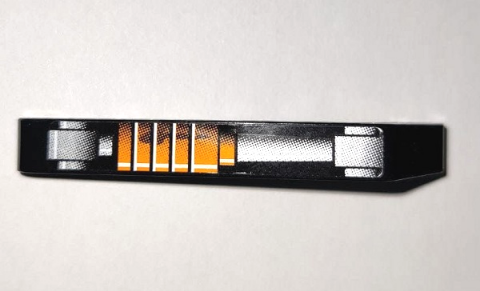 Lego Technic, Liftarm, Modified Bent Thick 1 x 9 (7 - 3) with Orange and Silver Shock Absorber Pattern (Sticker) - Set 8307