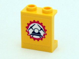 Lego Panel 1 x 2 x 2 with Side Supports - Hollow Studs with Black Miners Helmet and Crossed Pickaxes in Red Gear Pattern (Sticker) - Set 4204