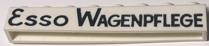 Lego Brick 1 x 8 without Bottom Tubes with Cross Side Supports with Black 'Esso Wagenpflege' Thin with Round 'O' and Elaborate 'G' Pattern