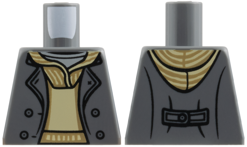 Lego Torso Jacket Open with Buttons over Tan Hoodie with Dark Tan Stripes and Light Bluish Gray Shirt Pattern / Dark Bluish Gray