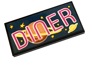 Lego Tile 2 x 4 with Magenta and Bright Pink 'DINER', Stars, UFO and Planet with Rings on Dark Blue Background Pattern (Sticker) - Set 40687 / Black