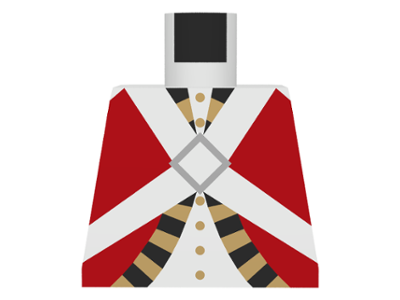 Lego Torso Imperial Soldier Red Uniform Jacket with Black and Gold Trim over Shirt with Buttons, Crossbelts with Silver Diamond Clasp Pattern (Redcoat) / White