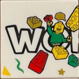 Lego Tile 2 x 2 with LEGO World Logo Left Half, 'WO', Minifigure with Dark Tan Cap, Bricks, Star and Yellow Triangle in Corner Pattern / White