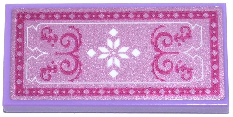 Lego Tile 2 x 4 with Metallic Pink Rug with Magenta Border and Filigree, White Snowflake and Outline Pattern (Sticker) - Set 43244