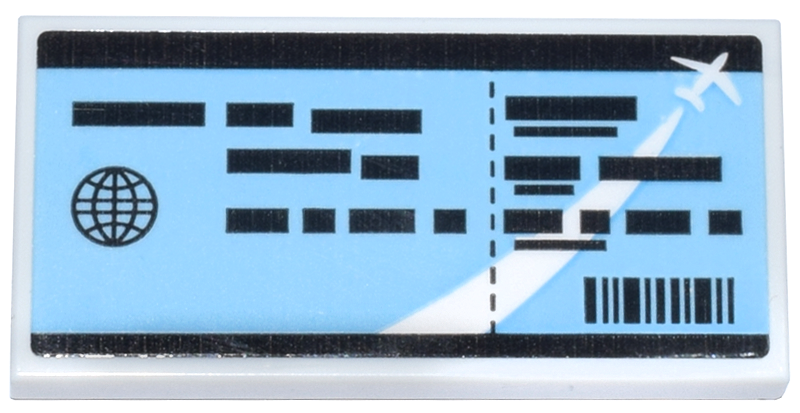 Lego Tile 2 x 4 with Bright Light Blue Airline Ticket Boarding Pass with Black Sphere, Text Lines, Barcode and White Airplane Pattern (Sticker) - Set 40817