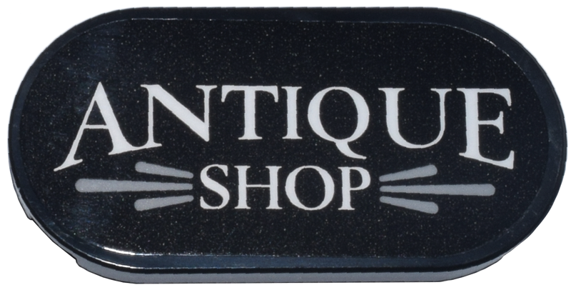 Lego Tile, Round 2 x 4 Oval with White 'ANTIQUE SHOP' and Light Bluish Gray Lines Pattern (Sticker) - Set 910050
