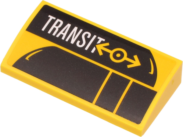 Lego Slope, Curved 2 x 4 x 2/3 with Bottom Tubes with White 'TRANSIT' and Yellow Train Logo on Black Train Silhouette Pattern (Sticker) - Set 60271