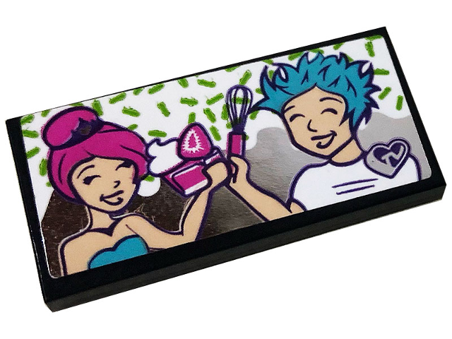 Lego Tile 2 x 4 with TV Screen with Two People with Pink and Blue Hair Pattern (Sticker) - Set 41391 / Black