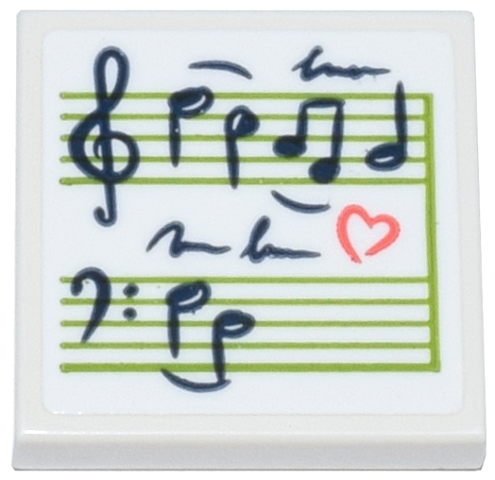 Lego Tile 2 x 2 with Sheet Music with Black Notes, Treble and Bass Clef, Lime Lines / Staves, Coral Heart Pattern (Sticker) - Set 42647 / White