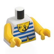 Lego Torso, White/Blue Stripes Shirt, Bare Yellow Chest, Anchor, Windrose Tattoo Print, Yellow Arms and Hands / White