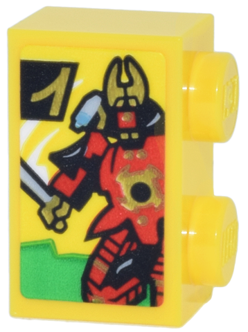 Lego Brick 1 x 2 with Red, Black and Gold Samurai Mech and Ninjago Logogram Letter X Pattern (Sticker) - Set 71837 / Yellow