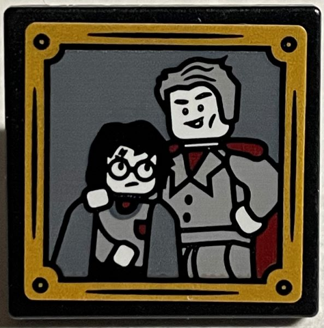 Lego Road Sign 2 x 2 Square with Open O Clip with Gilderoy Lockhart Posing with Harry Potter and Gold Frame Pattern (Sticker) - Set 76389 / Black