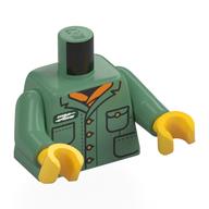 Lego Torso, Vest, Pockets, White Badge, orange Shirt Print, Sand Green Arms, Yellow Hands