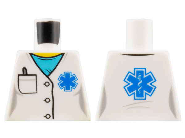 Lego Torso Hospital Lab Coat, Medium Azure Scrubs, Blue EMT Star of Life, Pocket with Pen Pattern / White
