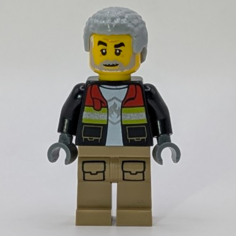 Lego Firefighter, Open Jacket, Dark Tan Legs, Light Bluish Gray Hair